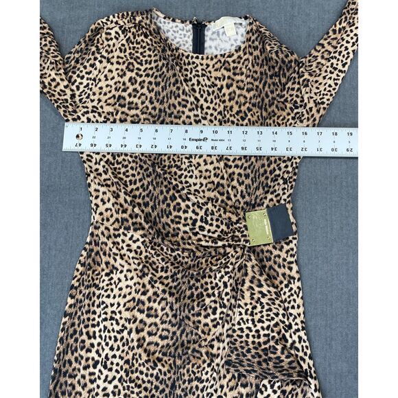 Michael Kors Leopard Print Ruched Dress Women M Brown Animal Long Sleeve Chic - Picture 4 of 10